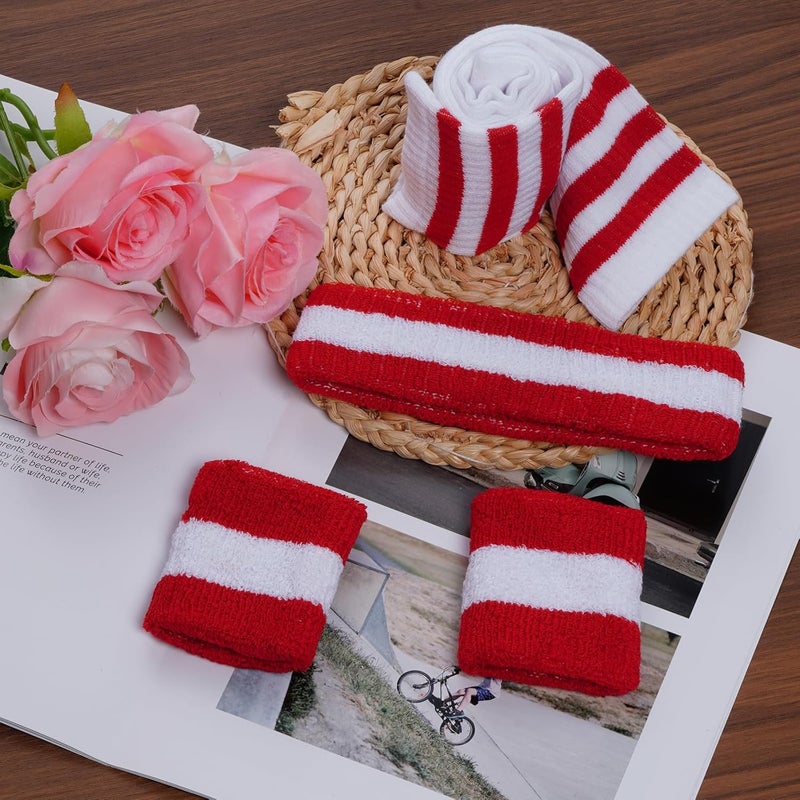 Sucrain 5 Pieces Striped Sweatbands and Socks Set, Sports Sweatbands Wrist Sweat Bands Red, White& Blue High Tube Socks 80s Accessories Costumes for Men Women - Image 4